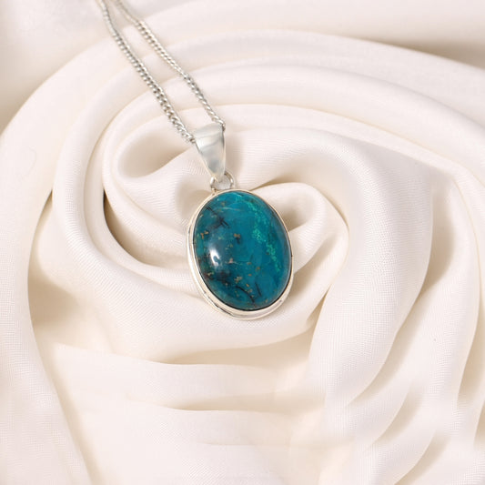 925 Sterling Silver Chrysocolla Oval Pendant Necklace