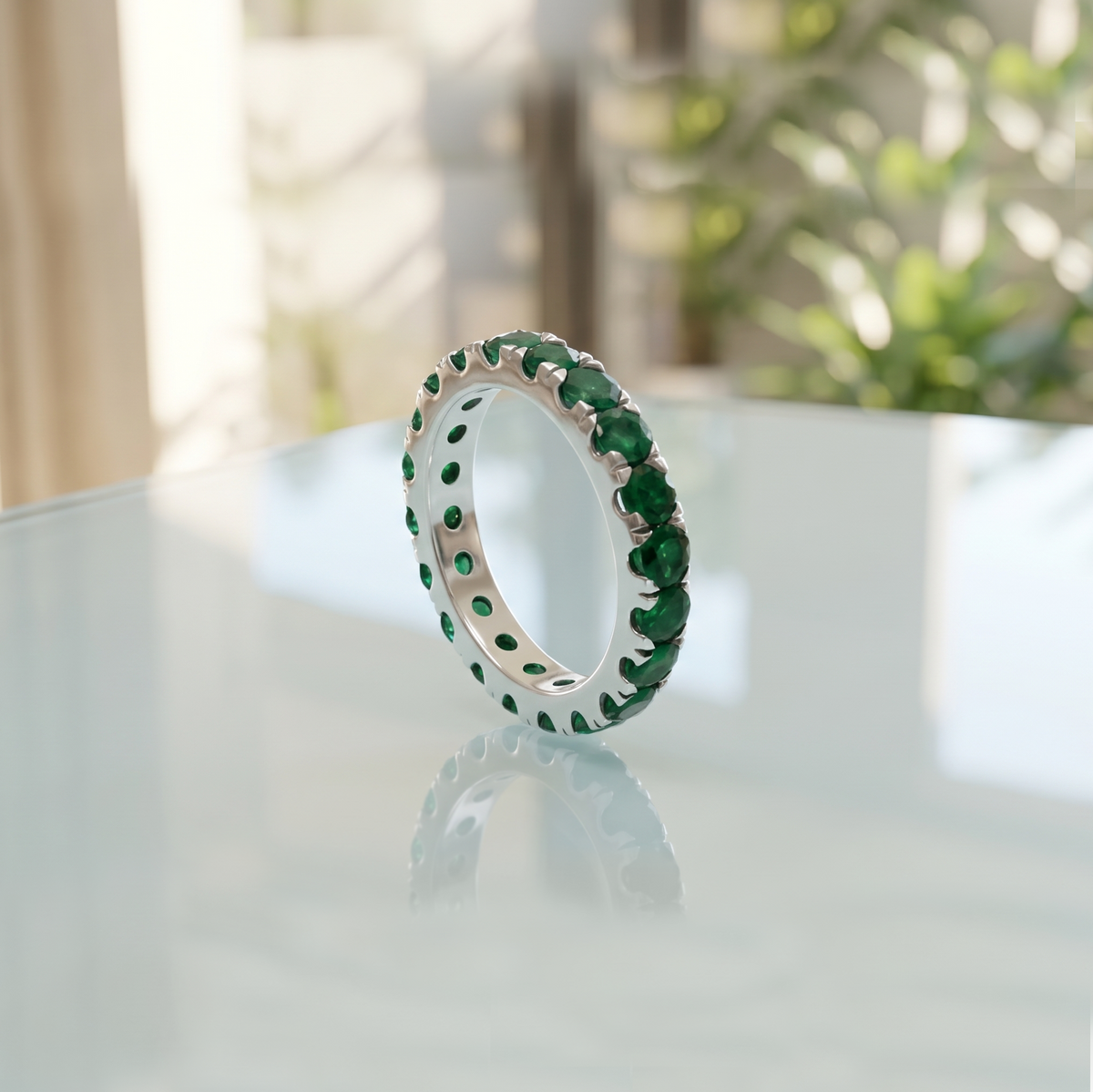 Natural Emerald 3mm Faceted Round Eternity Ring – 925 Sterling Silver Green Gemstone Ring for Prosperity & Growth