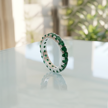 Natural Emerald 3mm Faceted Round Eternity Ring – 925 Sterling Silver Green Gemstone Ring for Prosperity & Growth
