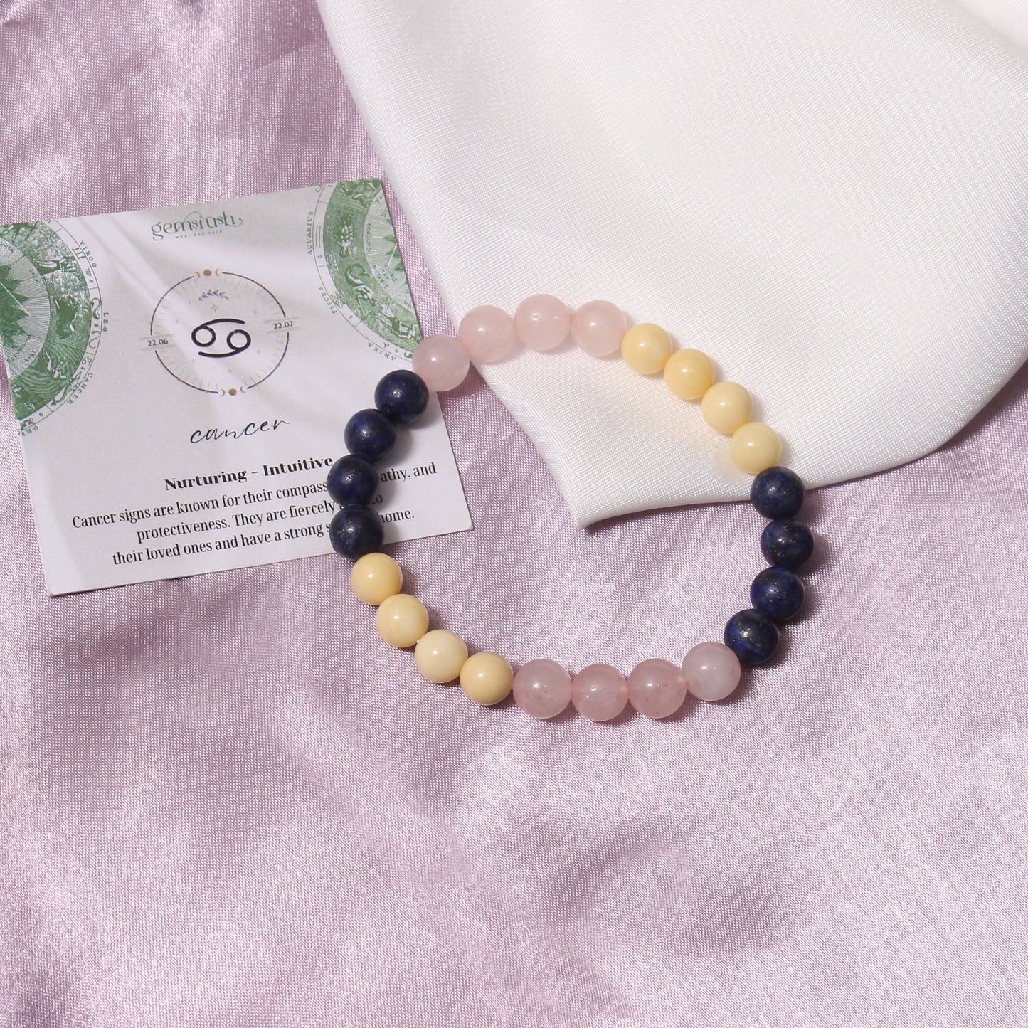 Cancer Zodiac Bracelet (Kark Rashi Bracelet) – Natural Rose Quartz, Lapis Lazuli & Dolomites Beads