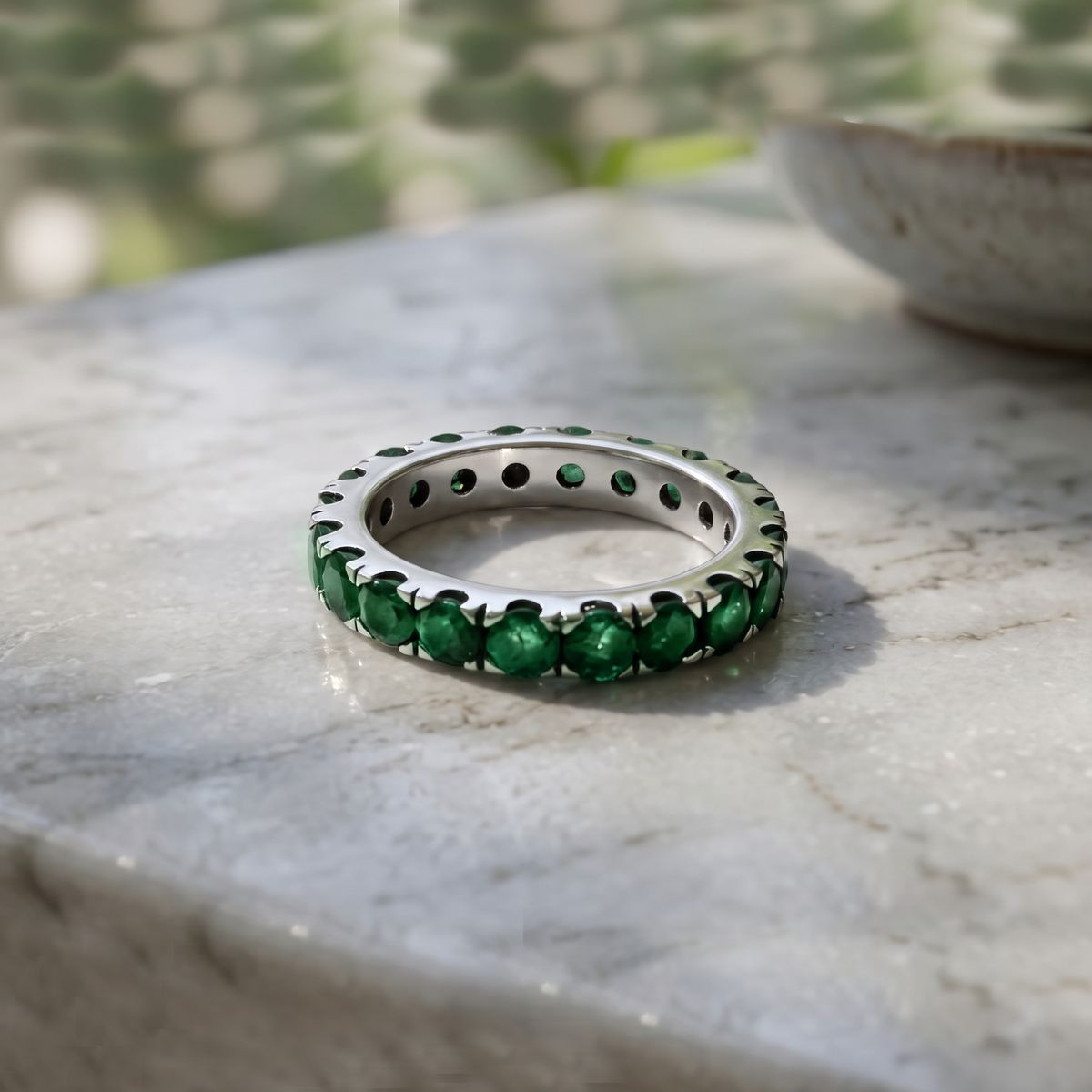 Natural Emerald 3mm Faceted Round Eternity Ring – 925 Sterling Silver Green Gemstone Ring for Prosperity & Growth