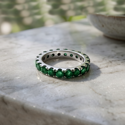 Natural Emerald 3mm Faceted Round Eternity Ring – 925 Sterling Silver Green Gemstone Ring for Prosperity & Growth