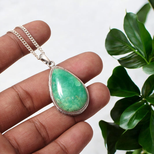 925 Sterling Silver Chrysoprase Teardrop Pendant Necklace