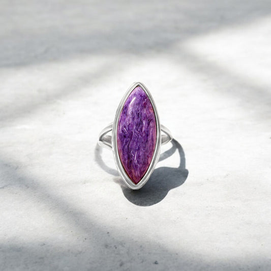 925 Sterling Silver Charoite Marquise Ring – Purple Gemstone Elegance