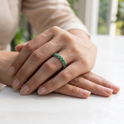 Natural Emerald 3mm Faceted Round Eternity Ring – 925 Sterling Silver Green Gemstone Ring for Prosperity & Growth