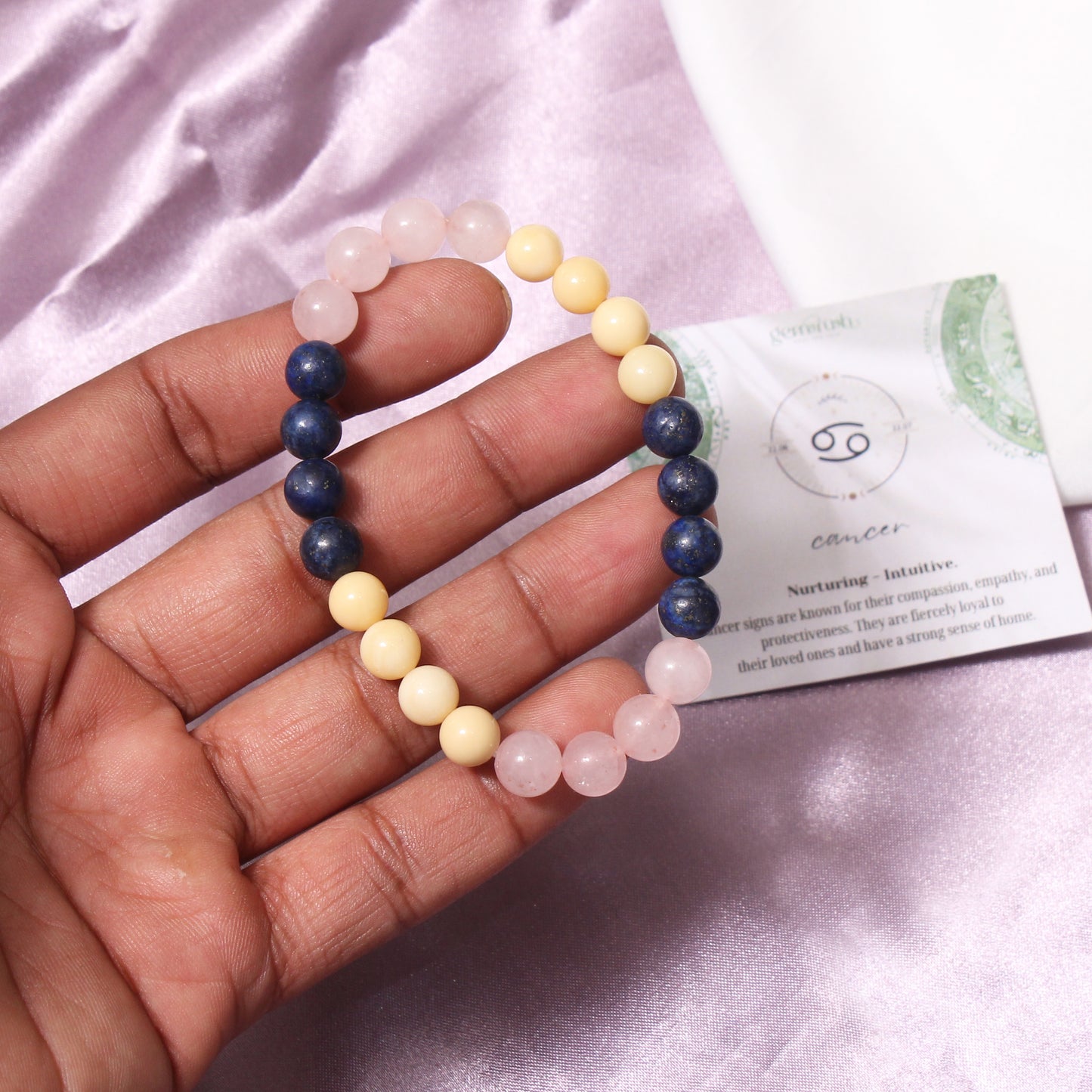 Cancer Zodiac Bracelet (Kark Rashi Bracelet) – Natural Rose Quartz, Lapis Lazuli & Dolomites Beads