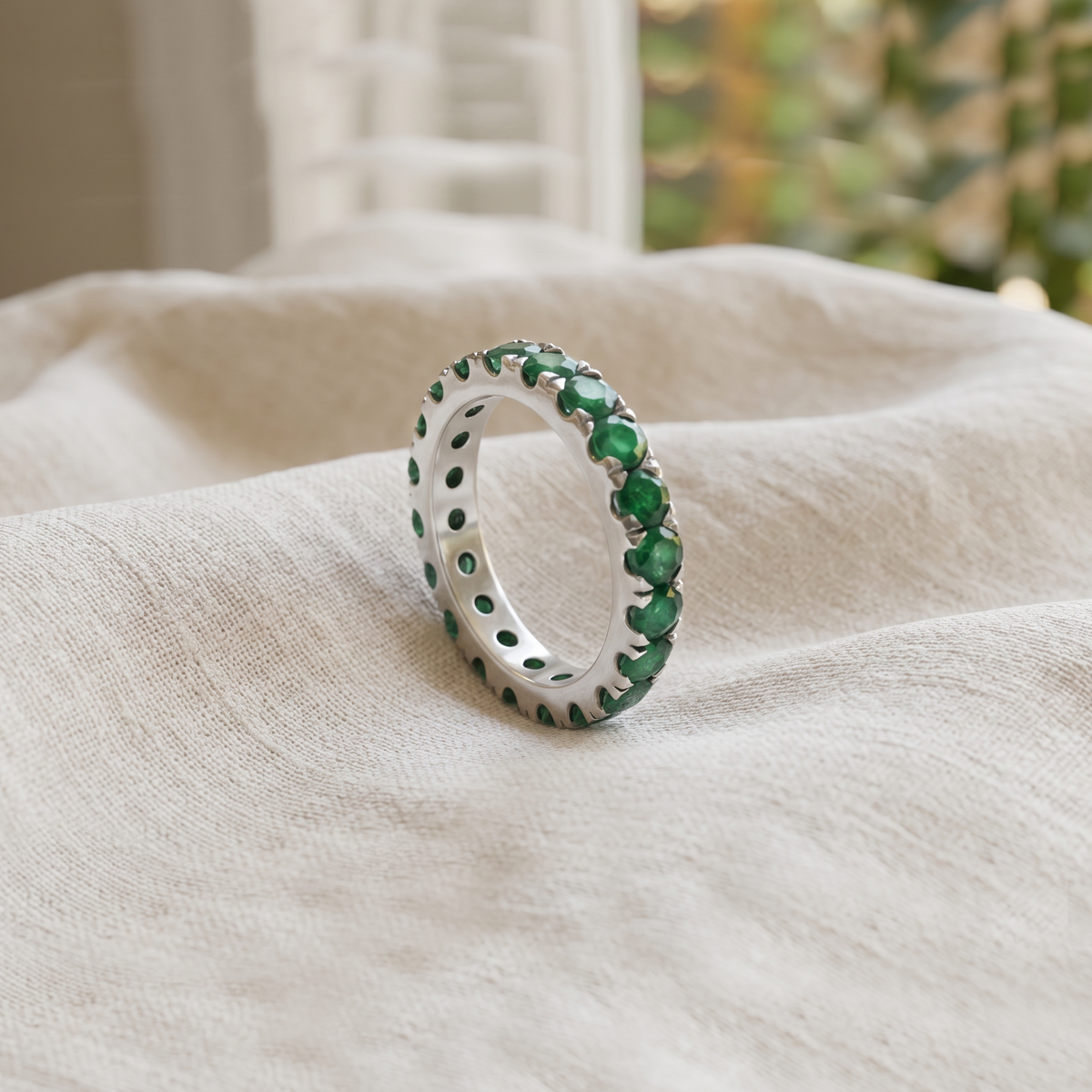 Natural Emerald 3mm Faceted Round Eternity Ring – 925 Sterling Silver Green Gemstone Ring for Prosperity & Growth