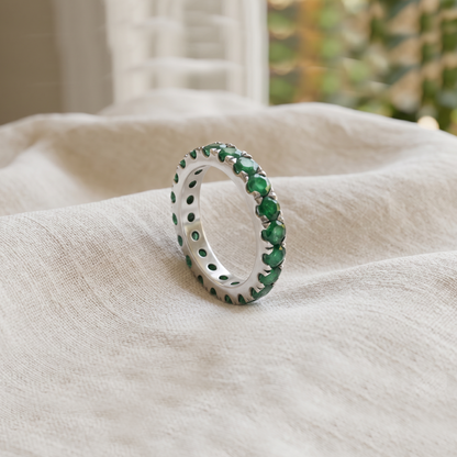 Natural Emerald 3mm Faceted Round Eternity Ring – 925 Sterling Silver Green Gemstone Ring for Prosperity & Growth