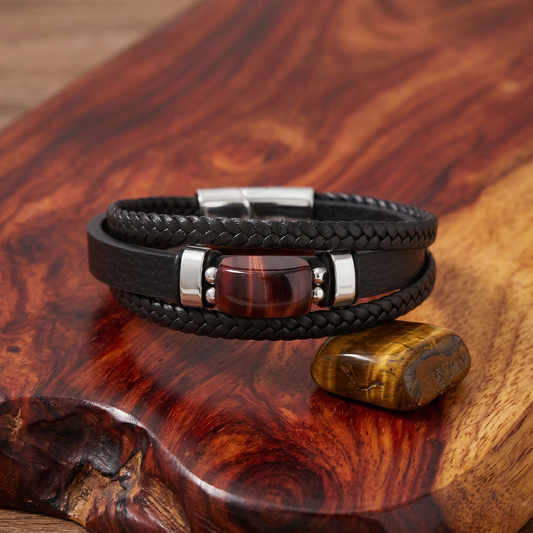 Natural Red Tiger Eye Leather Men’s Bracelet – 10x17mm Red Tiger Eye Gemstone Bracelet with Braided Leather & Stainless Steel Clasp