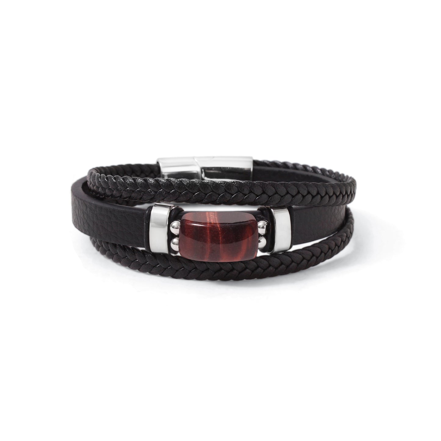 Natural Red Tiger Eye Leather Men’s Bracelet – 10x17mm Red Tiger Eye Gemstone Bracelet with Braided Leather & Stainless Steel Clasp