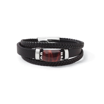 Natural Red Tiger Eye Leather Men’s Bracelet – 10x17mm Red Tiger Eye Gemstone Bracelet with Braided Leather & Stainless Steel Clasp