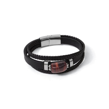 Natural Red Tiger Eye Leather Men’s Bracelet – 10x17mm Red Tiger Eye Gemstone Bracelet with Braided Leather & Stainless Steel Clasp