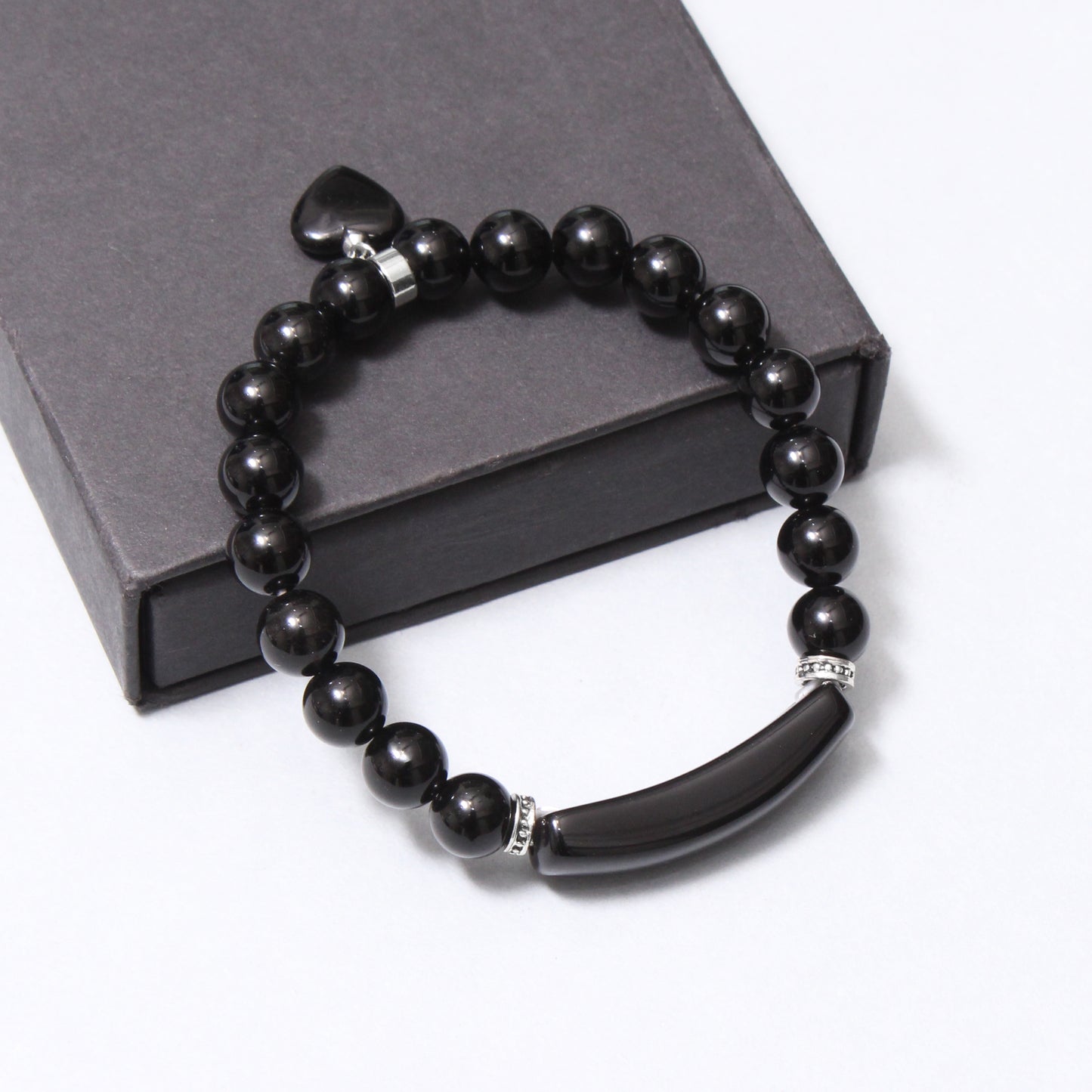 Black Onyx Stretch Bracelet with Heart Charm