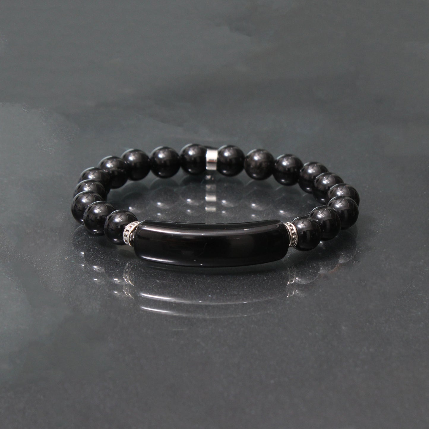 Black Onyx Stretch Bracelet with Heart Charm