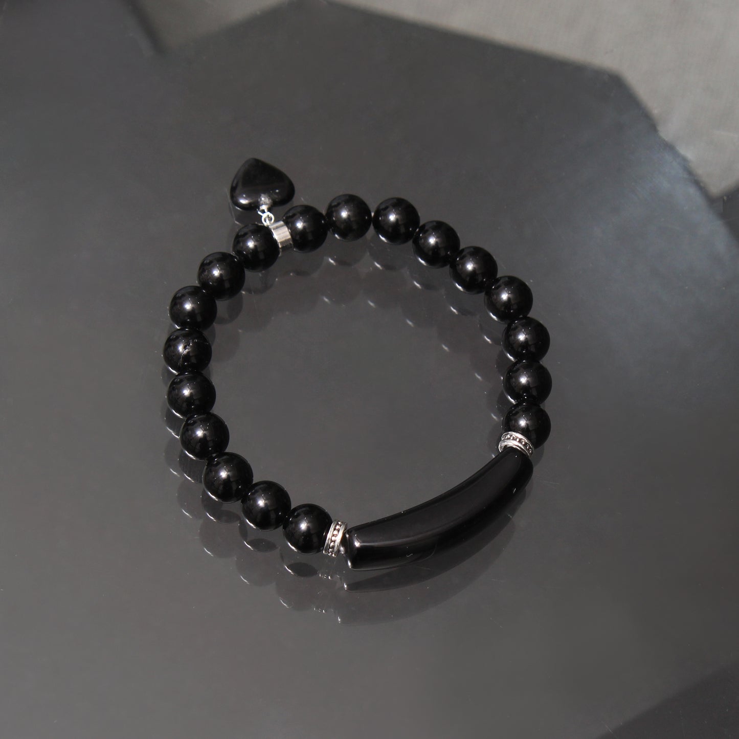 Black Onyx Stretch Bracelet with Heart Charm