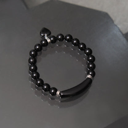 Black Onyx Stretch Bracelet with Heart Charm