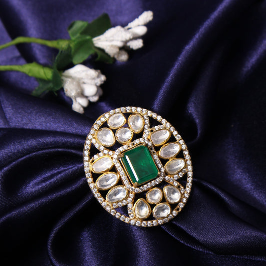 Elegance: Simulated Emerald & Faux Diamond Traditional Indian Ring (Adjustable)