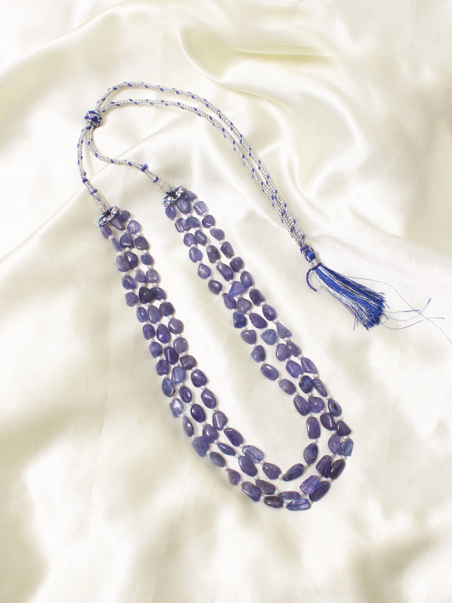 Natural Tanzanite and Pearl Three-Layer Beaded Necklace – Elegant Handmade Gemstone Jewelry