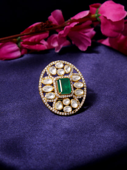 Elegance: Simulated Emerald & Faux Diamond Traditional Indian Ring (Adjustable)