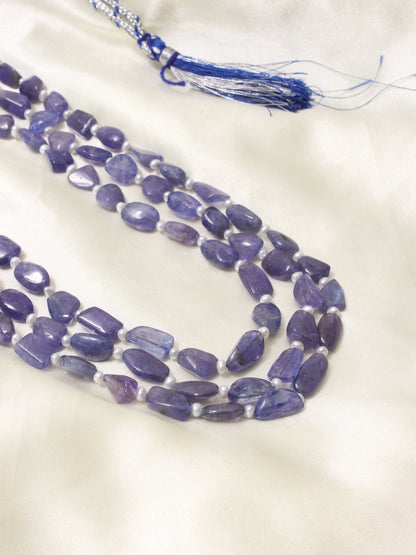 Natural Tanzanite and Pearl Three-Layer Beaded Necklace – Elegant Handmade Gemstone Jewelry