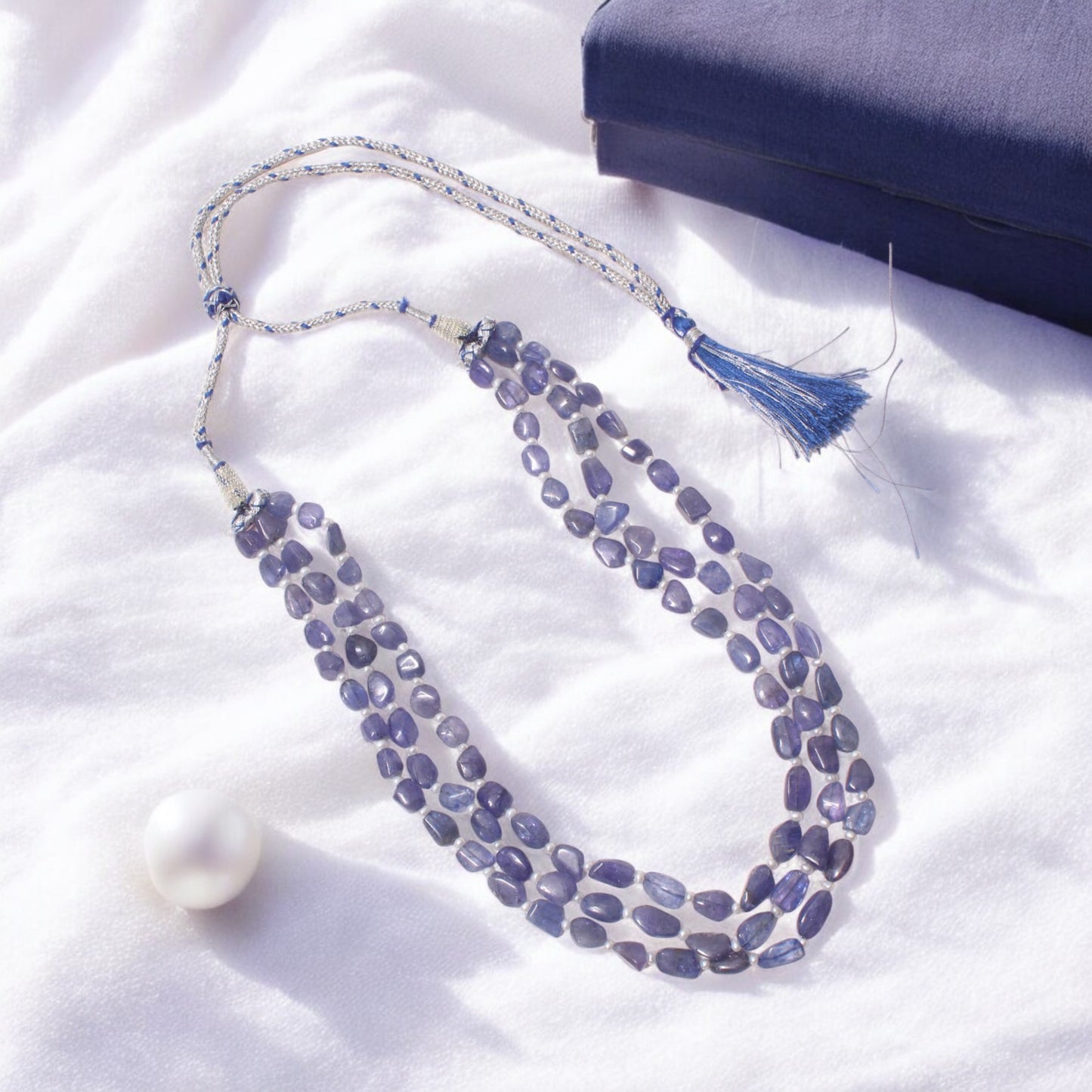 Natural Tanzanite and Pearl Three-Layer Beaded Necklace – Elegant Handmade Gemstone Jewelry
