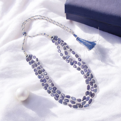 Natural Tanzanite and Pearl Three-Layer Beaded Necklace – Elegant Handmade Gemstone Jewelry