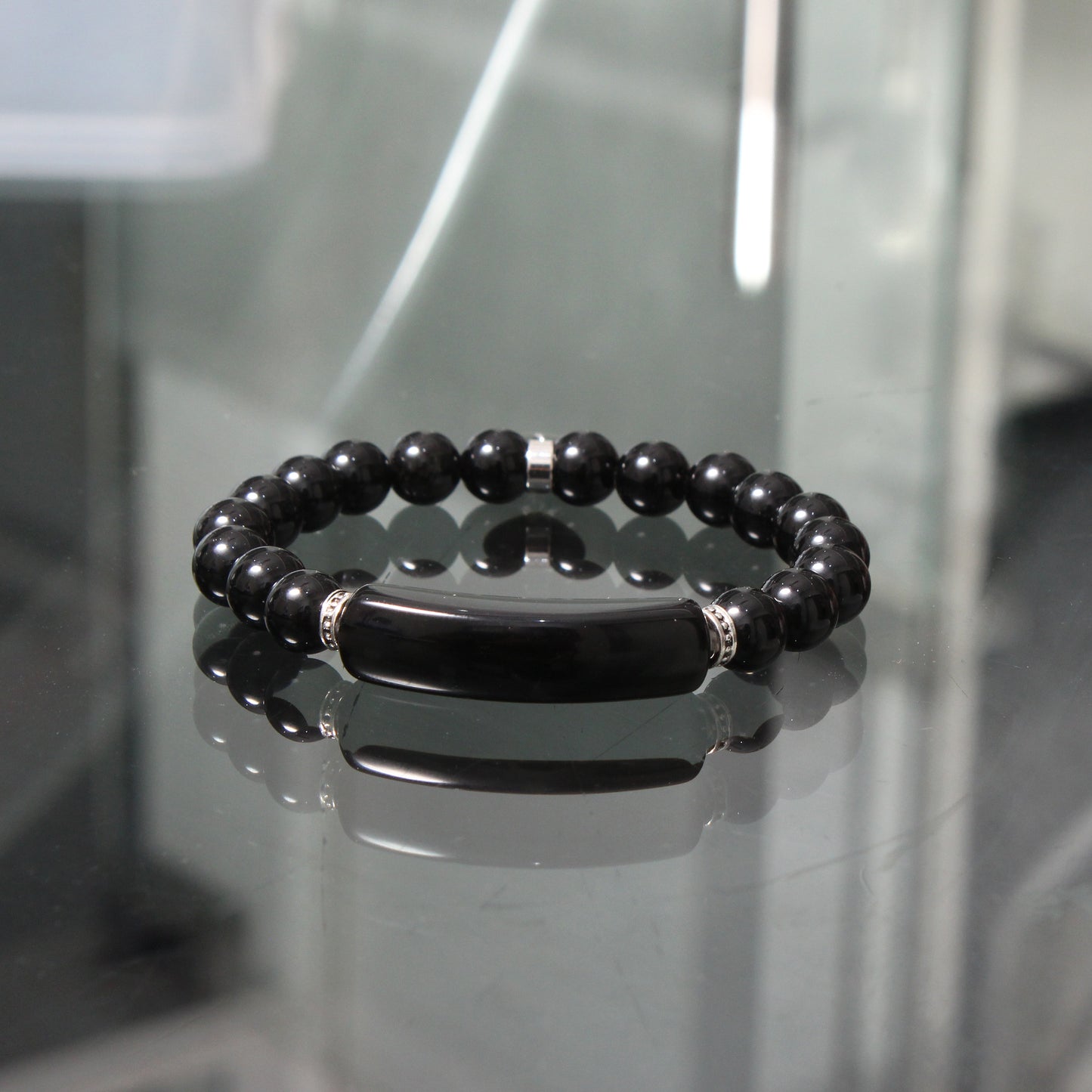 Black Onyx Stretch Bracelet with Heart Charm