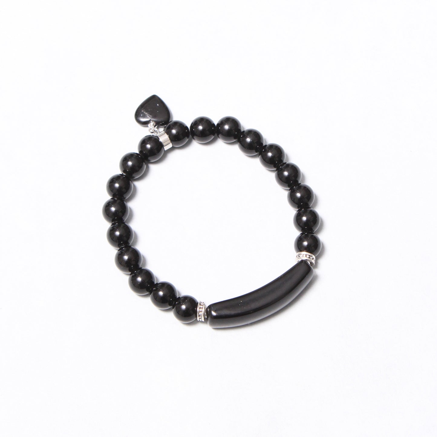 Black Onyx Stretch Bracelet with Heart Charm