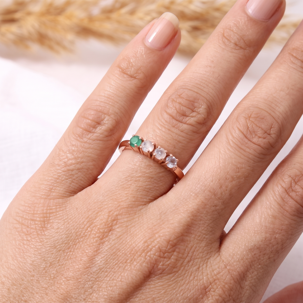 Natural Alexandrite, Rose Quartz, Moonstone & Emerald Gemstone Ring – Elegant Multi-Stone Jewelry