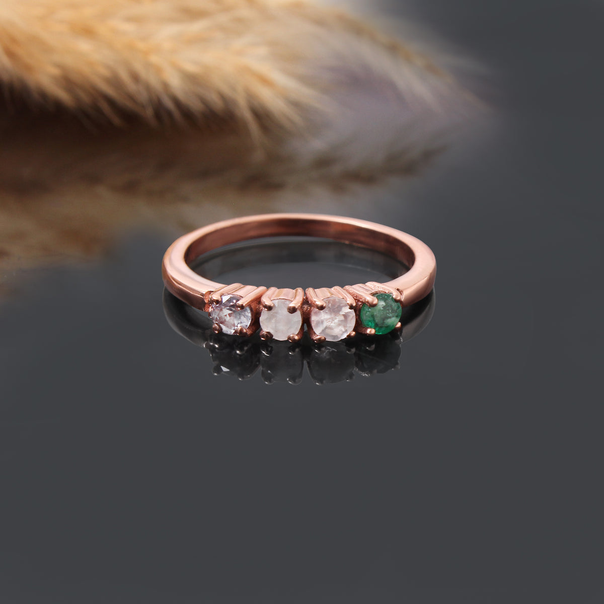Natural Alexandrite, Rose Quartz, Moonstone & Emerald Gemstone Ring – Elegant Multi-Stone Jewelry
