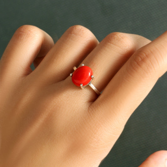 Natural Red Coral Gemstone Ring in 925 Sterling Silver – Bold, Elegant & Protective Jewelry