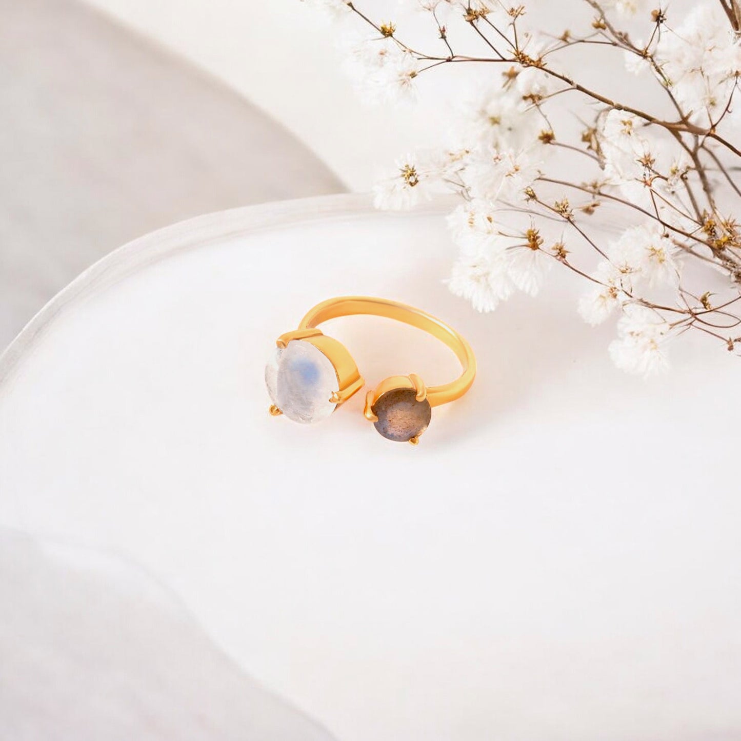 Labradorite & Moonstone Gold Plated Gemstone Ring – Empower Your Intuition & Balance