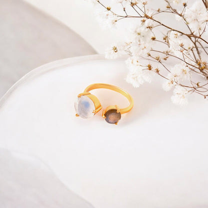 Labradorite & Moonstone Gold Plated Gemstone Ring – Empower Your Intuition & Balance