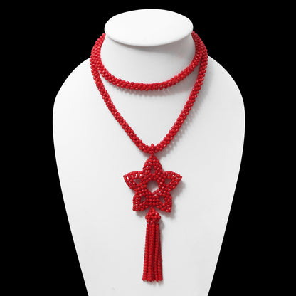 Natural Red Coral Beaded Necklace With Floral Star Pendant & Tassel