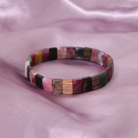 Natural Multi Tourmaline Fancy Shape Rectangle Stretch Bead Bracelet – Colorful Healing Crystal Jewelry