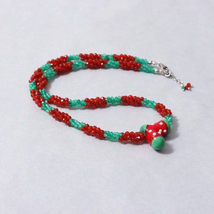 Green Onyx and Carnelian Necklace with Jolly Santa Shoe Charm – Christmas Festive Beaded Jewelry