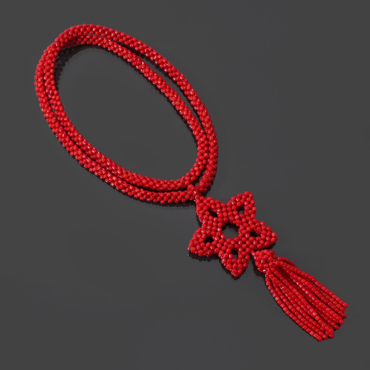 Natural Red Coral Beaded Necklace With Floral Star Pendant & Tassel