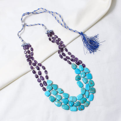 Natural Amethyst, Moonstone & Turquoise 3-Layer Beaded Sarafa Necklace | Handmade Healing Crystal Jewelry for Women