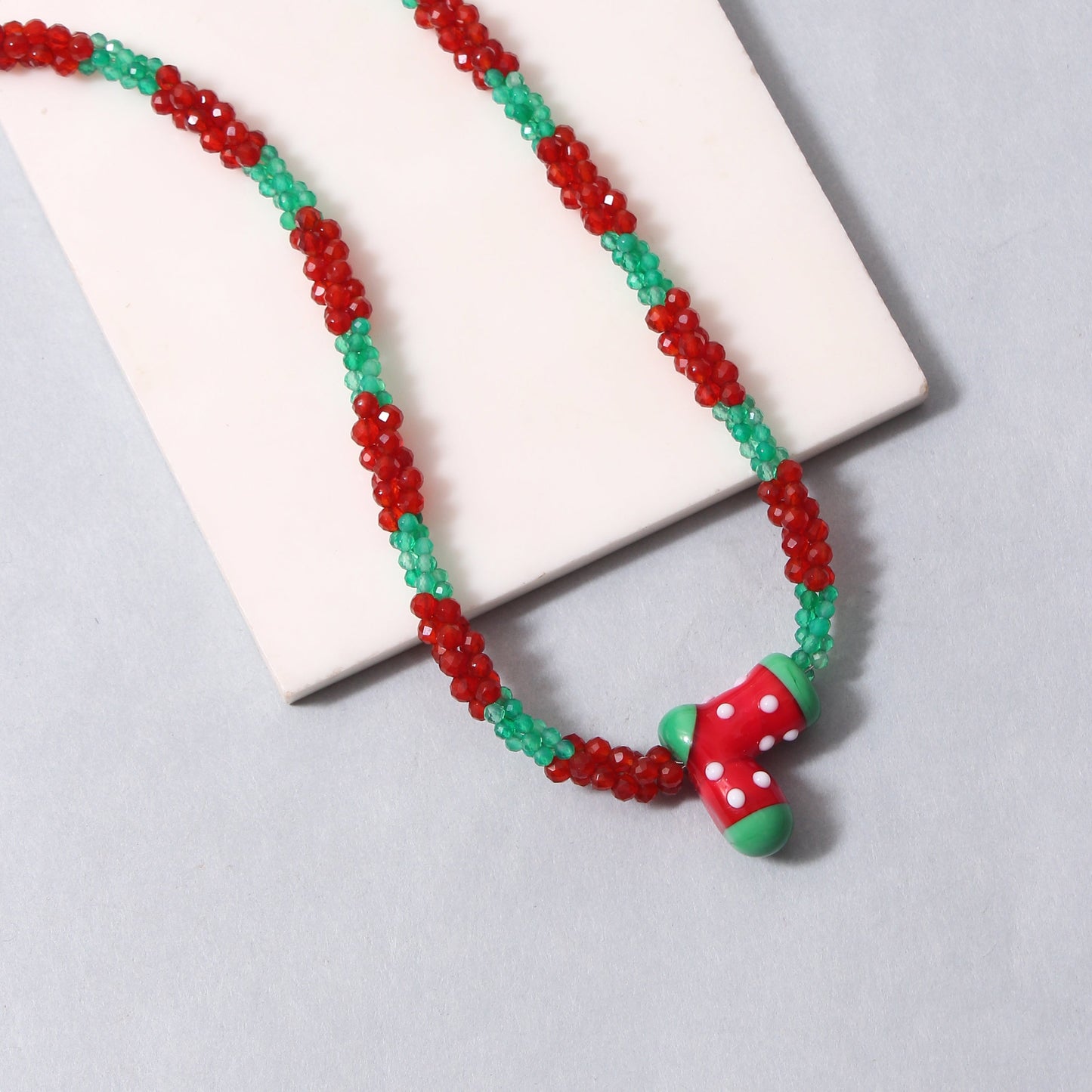 Green Onyx and Carnelian Necklace with Jolly Santa Shoe Charm – Christmas Festive Beaded Jewelry