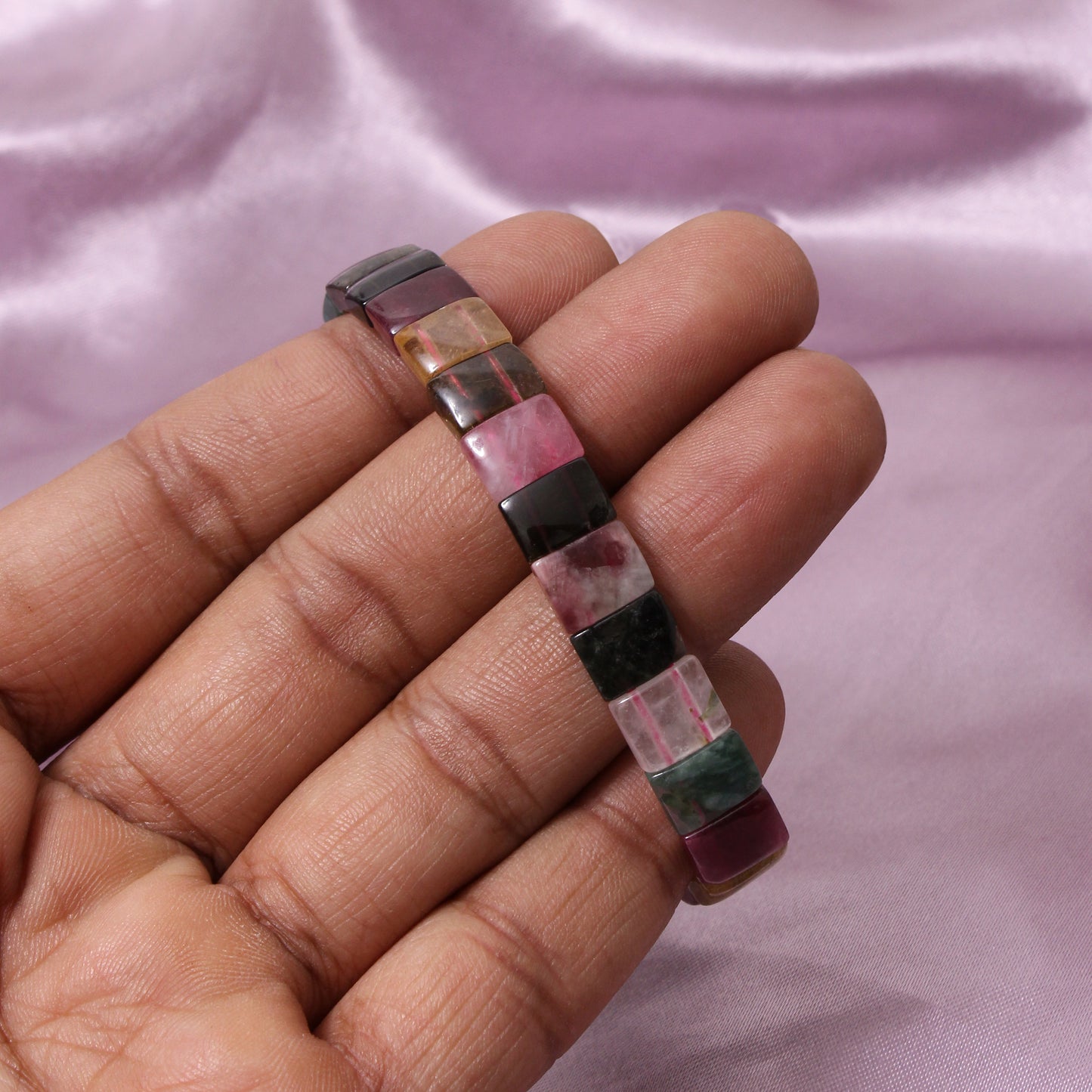 Natural Multi Tourmaline Fancy Shape Rectangle Stretch Bead Bracelet – Colorful Healing Crystal Jewelry