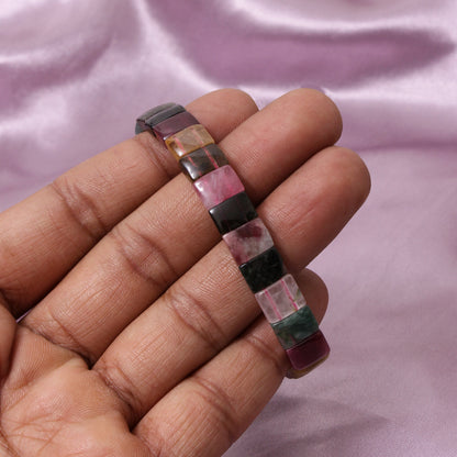 Natural Multi Tourmaline Fancy Shape Rectangle Stretch Bead Bracelet – Colorful Healing Crystal Jewelry