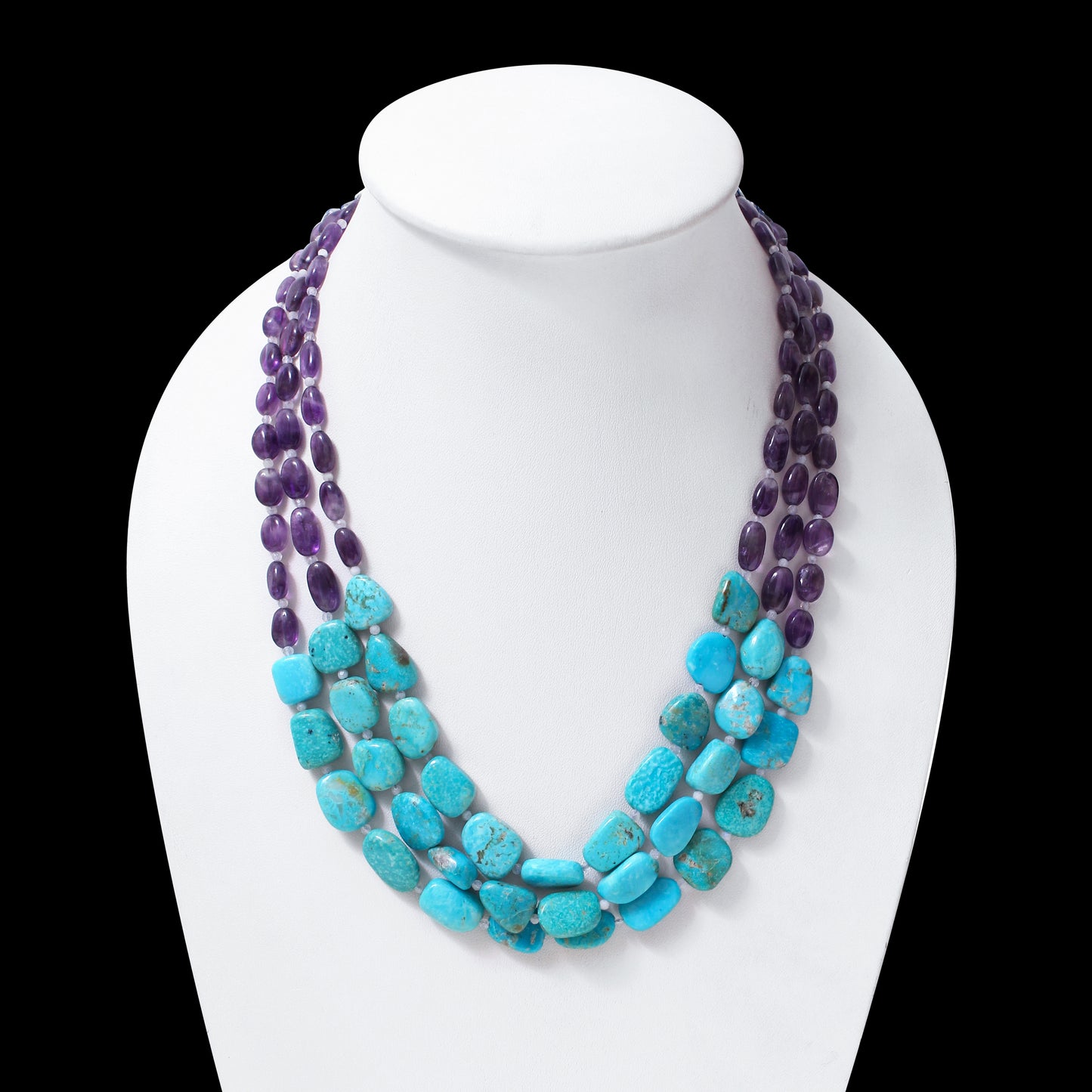 Natural Amethyst, Moonstone & Turquoise 3-Layer Beaded Sarafa Necklace | Handmade Healing Crystal Jewelry for Women