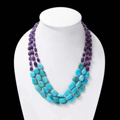 Natural Amethyst, Moonstone & Turquoise 3-Layer Beaded Sarafa Necklace | Handmade Healing Crystal Jewelry for Women