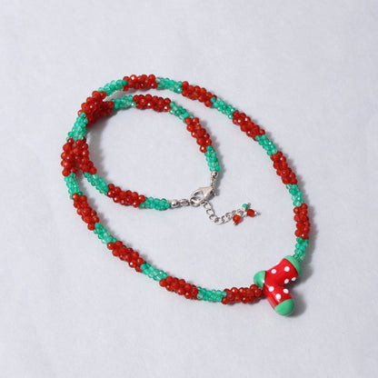 Green Onyx and Carnelian Necklace with Jolly Santa Shoe Charm – Christmas Festive Beaded Jewelry