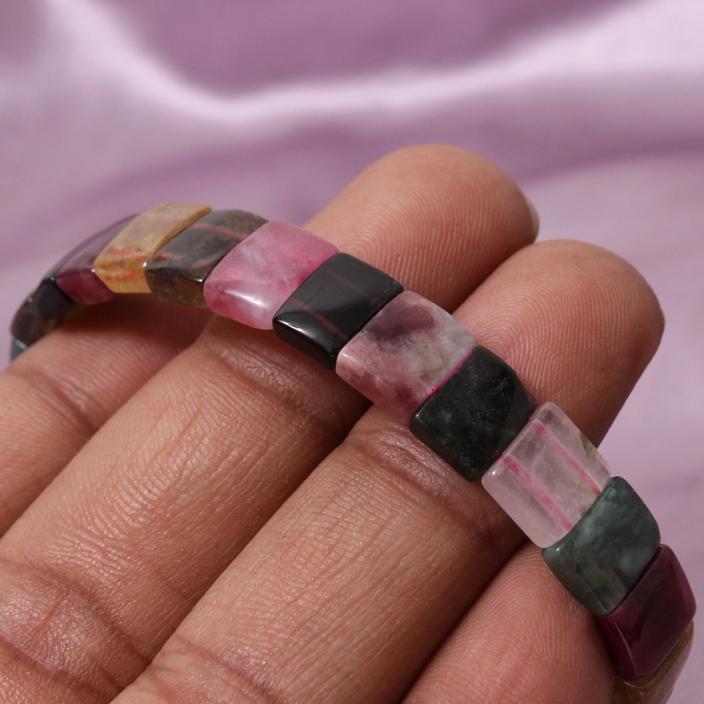 Natural Multi Tourmaline Fancy Shape Rectangle Stretch Bead Bracelet – Colorful Healing Crystal Jewelry