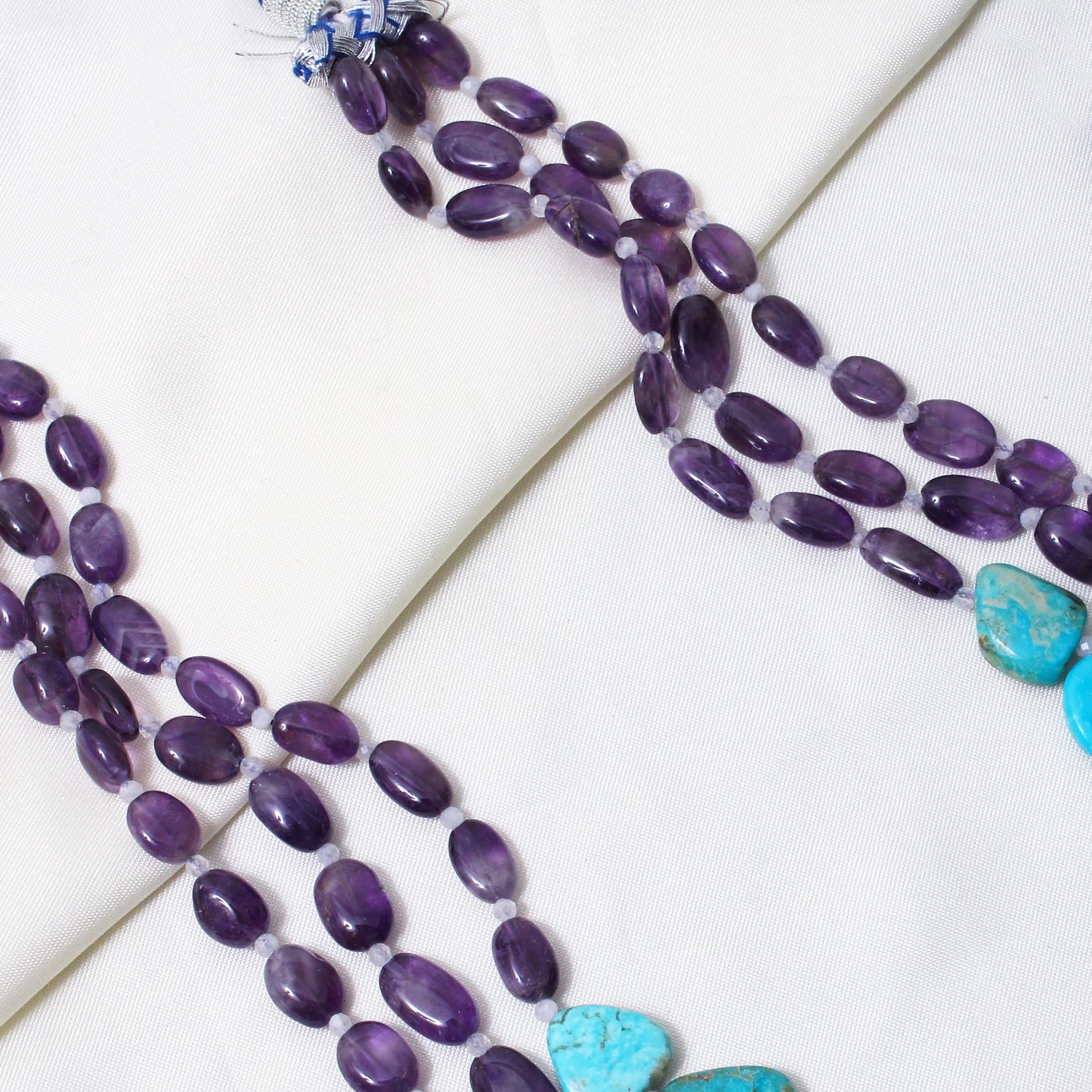 Natural Amethyst, Moonstone & Turquoise 3-Layer Beaded Sarafa Necklace | Handmade Healing Crystal Jewelry for Women