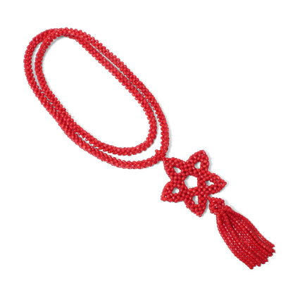 Natural Red Coral Beaded Necklace With Floral Star Pendant & Tassel