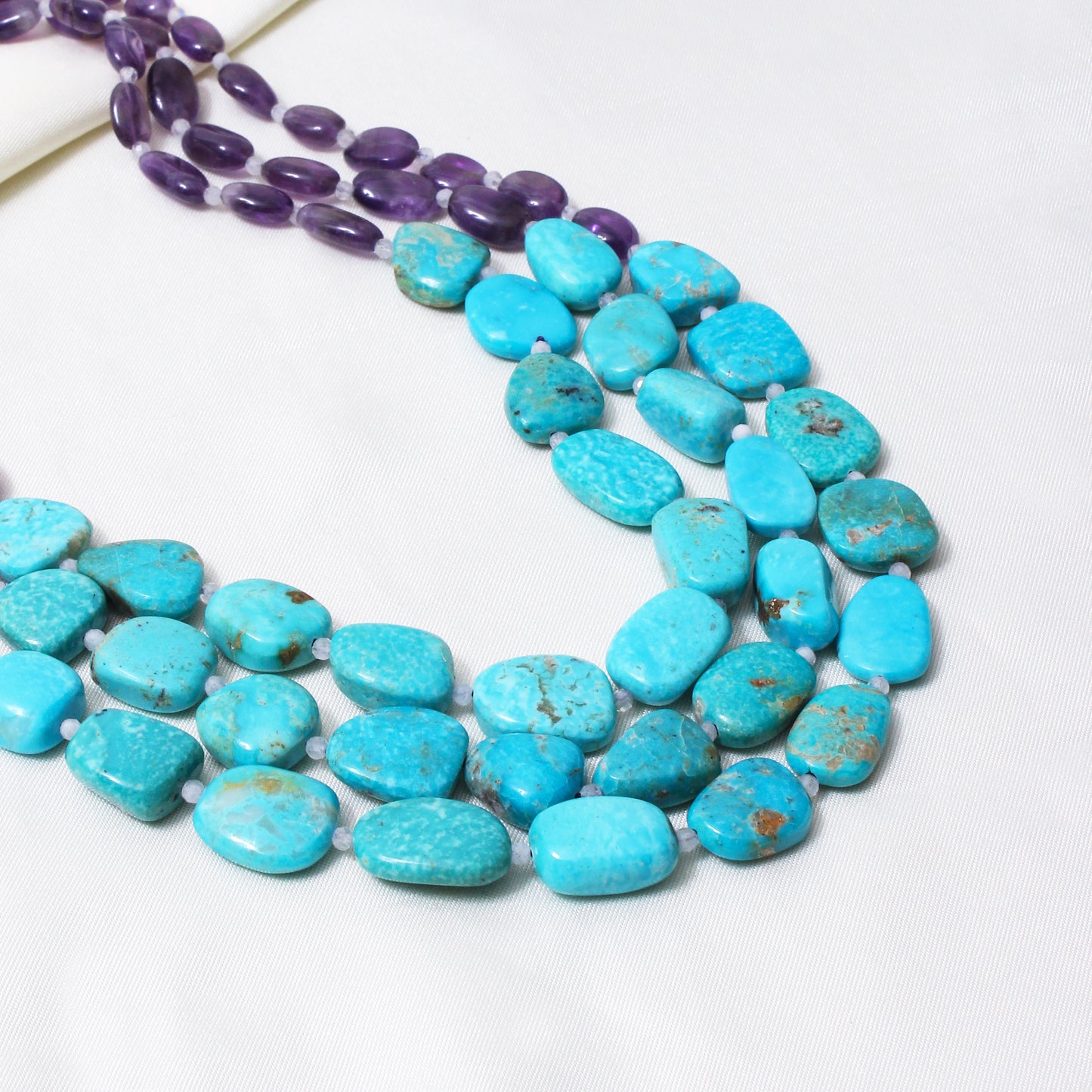 Natural Amethyst, Moonstone & Turquoise 3-Layer Beaded Sarafa Necklace | Handmade Healing Crystal Jewelry for Women
