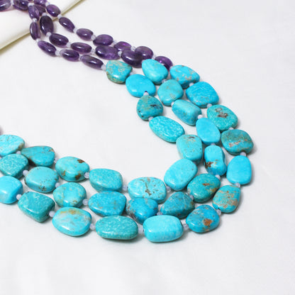 Natural Amethyst, Moonstone & Turquoise 3-Layer Beaded Sarafa Necklace | Handmade Healing Crystal Jewelry for Women