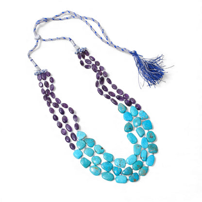 Natural Amethyst, Moonstone & Turquoise 3-Layer Beaded Sarafa Necklace | Handmade Healing Crystal Jewelry for Women